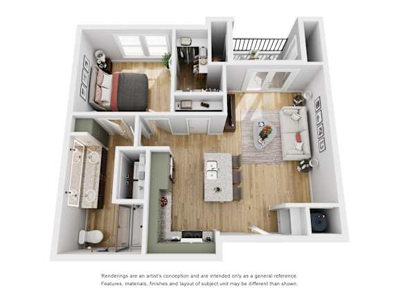 A top-down view of a small apartment with a kitchen, living room, and bathroom.