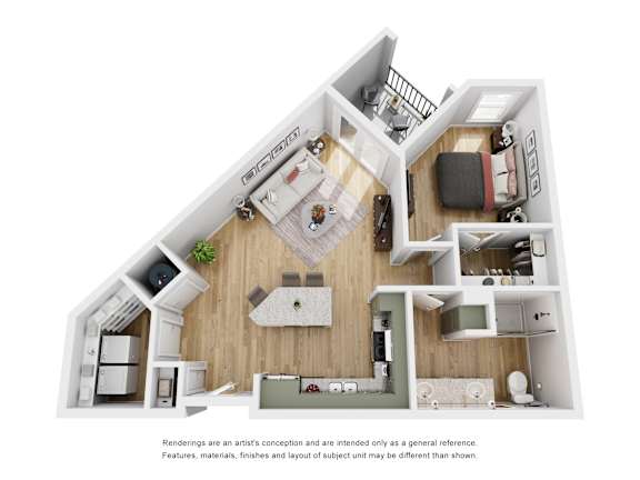 A 3D rendered image of a modern apartment layout.
