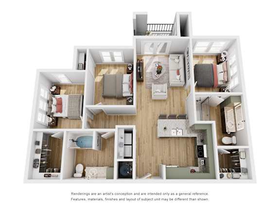 A 3D rendered image of a modern apartment layout.