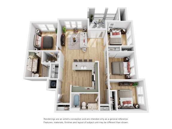 A 3D rendered image of a house layout.