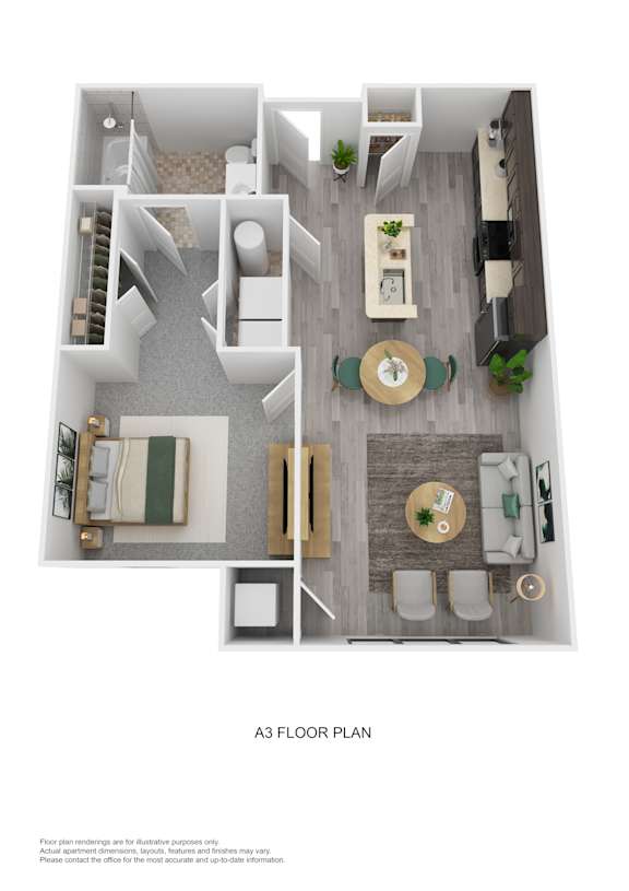 A3 floor plan showing a living room, dining room, kitchen, and bedrooms.