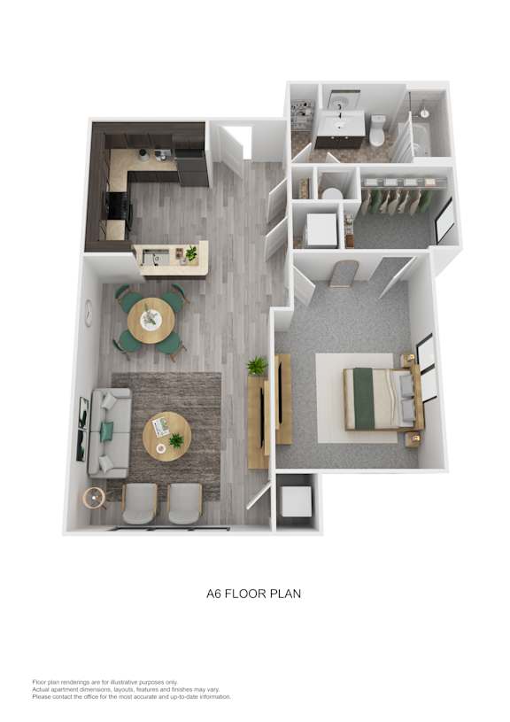A6 Floor Plan shows a kitchen, living room, dining room, and bathroom.