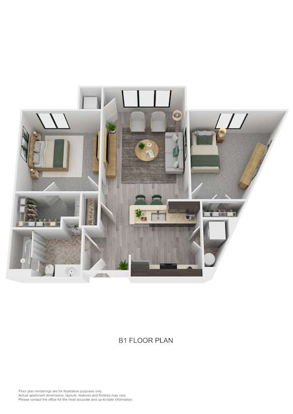 A 3D rendered image of a B1 floor plan.