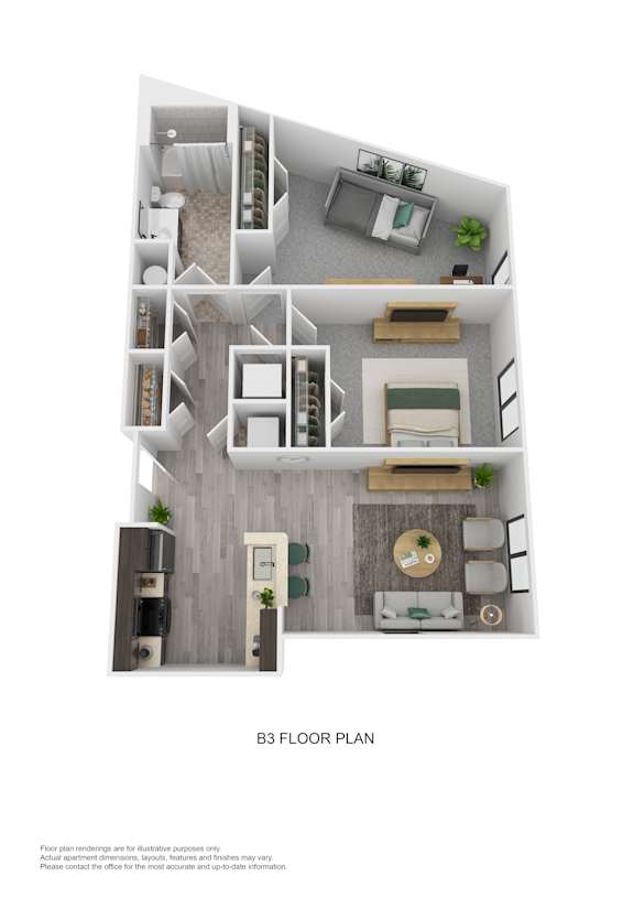 A 3D floor plan of apartment B3 showing a kitchen, living room, dining room, and bedrooms.