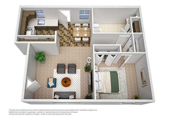 a stylized floor plan of a 1 bedroom apartment