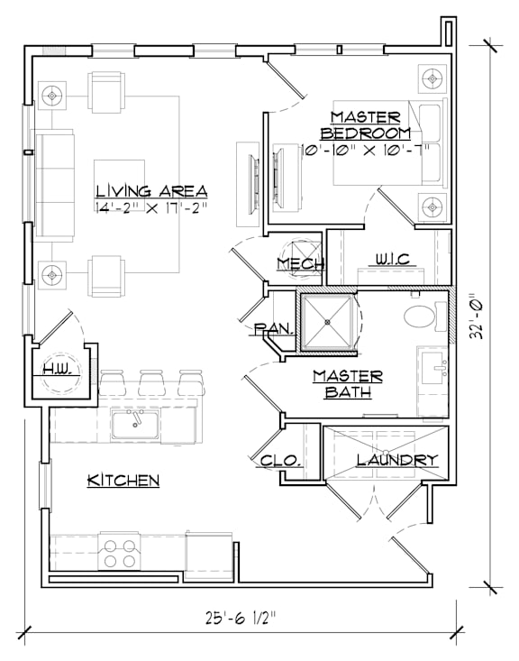 A floor plan of a house with labeled rooms such as "Kitchen", "Living Area", and "Master Bedroom".