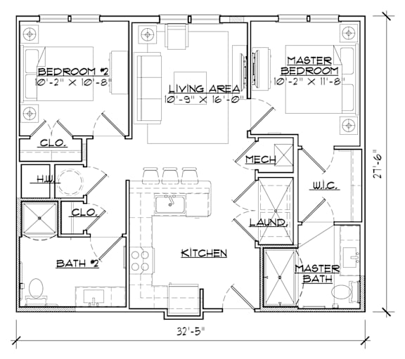 A floor plan of a house with two bedrooms, a living area, a kitchen, a laundry room, a cloakroom, and a bathroom.