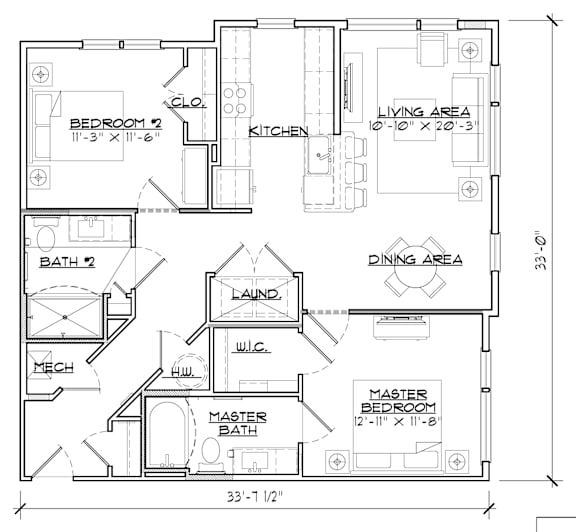 A floor plan of a house with labeled rooms such as Bedroom 1, Kitchen, Living Area, Bath, Dining Area, Master Bedroom, and Laundry.