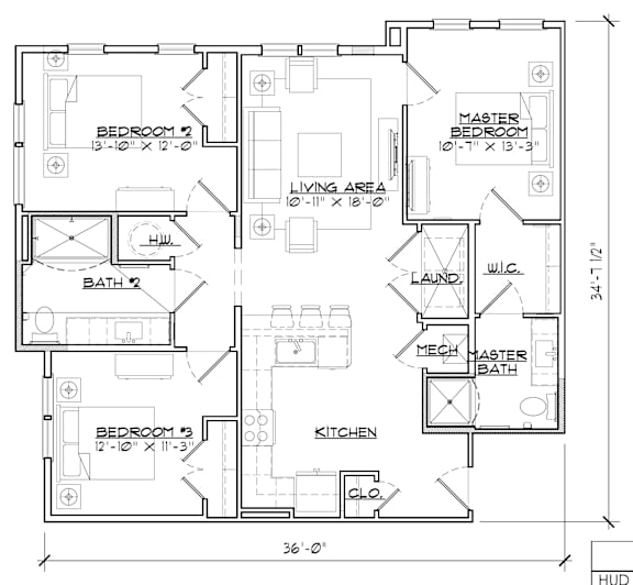 A floor plan of a house with three bedrooms, a living area, a kitchen, and a master bedroom with a bathroom.