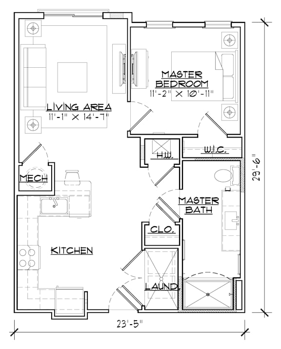 A floor plan of a house with a living area, kitchen, master bedroom, and bathroom.
