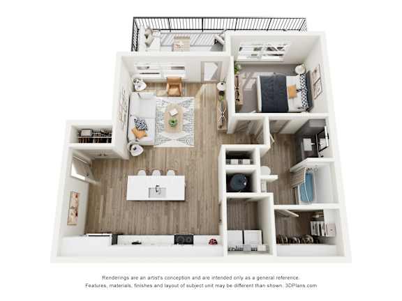 A 3D rendering of a modern, minimalist apartment with a kitchen, living room, and bedroom.