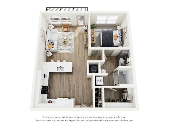 A 3D floor plan of a small apartment with a kitchen, living room, and bedrooms.