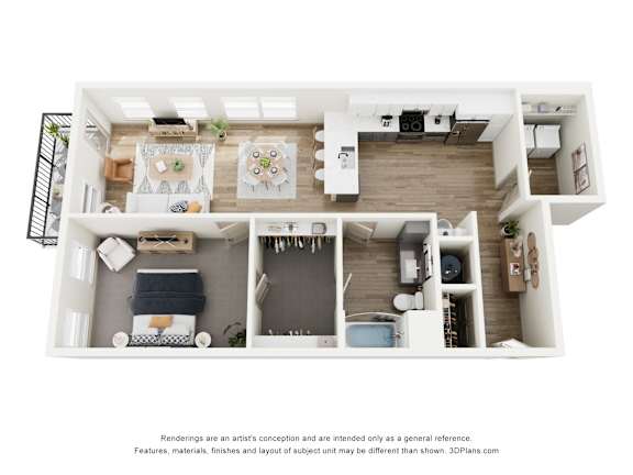 Floor Plan  A 3D floor plan of a small apartment with a kitchen, living room, and bedroom.