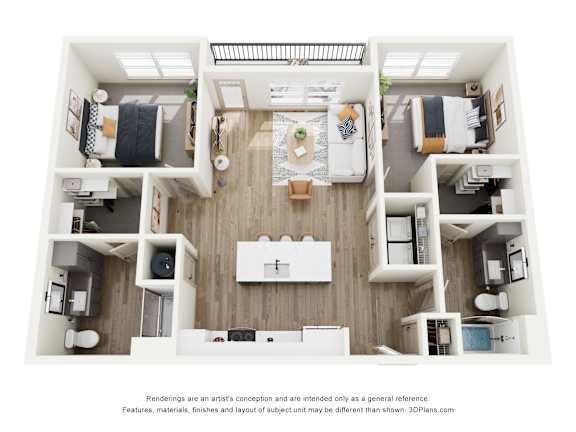 A 3D floor plan of a small apartment with a kitchen, living room, and two bedrooms.