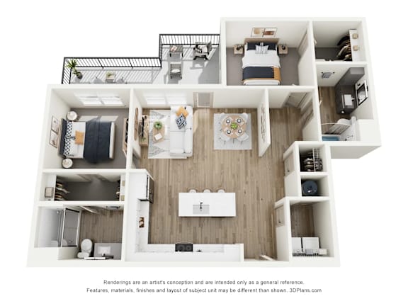 A 3D floor plan of a small apartment with a kitchen, living room, and bathroom.