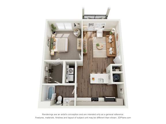 A 3D floor plan of a small apartment with a kitchen, living room, and bathroom.