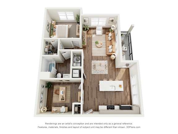 A 3D floor plan of a house with a kitchen, living room, and bathroom.