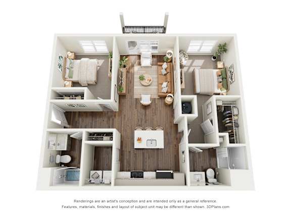 A 3D floor plan of a house with a kitchen, living room, and two bedrooms.