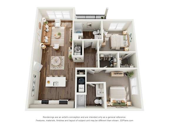 A 3D floor plan of a small apartment with a kitchen, living room, and bedroom.