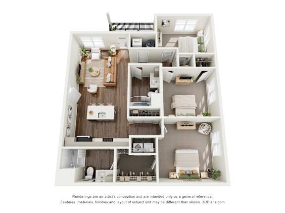 A 3D floor plan of a small apartment with a kitchen, living room, and bedroom.