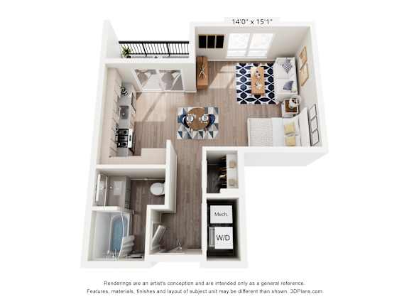 A 3D floor plan of a small apartment with a kitchen, living room, and bathroom.