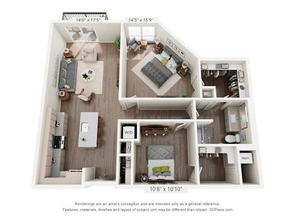 A 3D floor plan of a small apartment with a kitchen, living room, and bedroom.