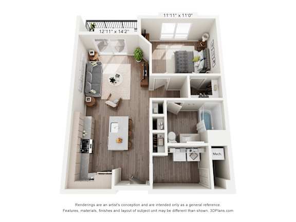 A 3D floor plan of a small apartment with a kitchen, living room, and bathroom.