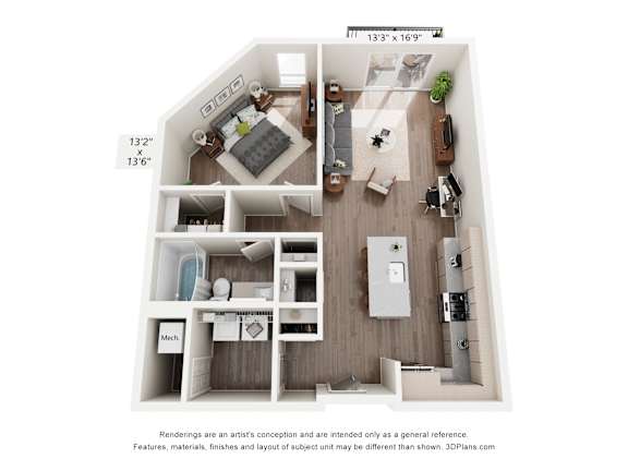 A 3D floor plan of a house with a kitchen, living room, and two bedrooms.