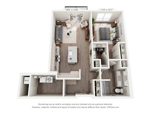 A 3D floor plan of a small apartment with a kitchen, living room, and bathroom.