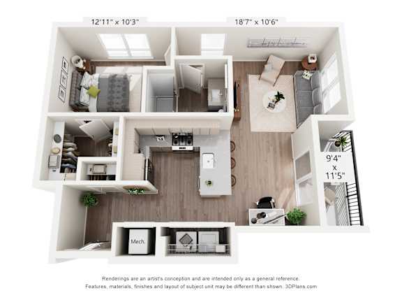 A 3D floor plan of a house with a living room, kitchen, and two bedrooms.