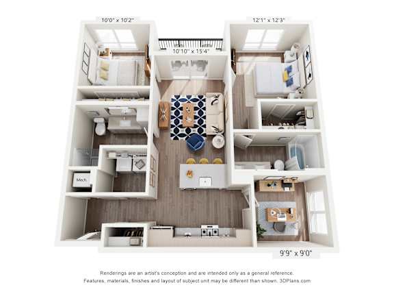 A 3D floor plan of a house with a kitchen, living room, and two bedrooms.
