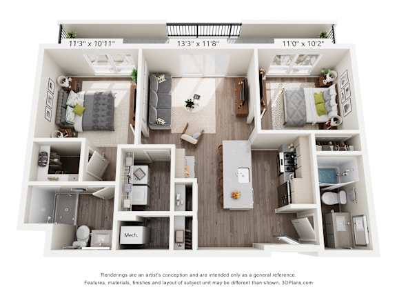 A floor plan of a small apartment with a kitchen, living room, and two bedrooms.