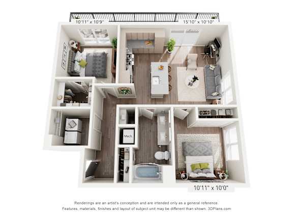 A 3D floor plan of a small apartment with a kitchen, living room, and bedroom.