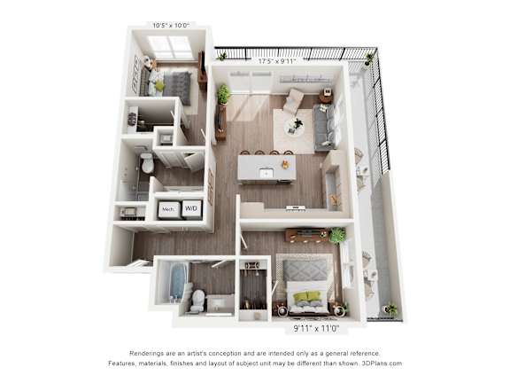 A floor plan of a small apartment with a kitchen, living room, and two bedrooms.