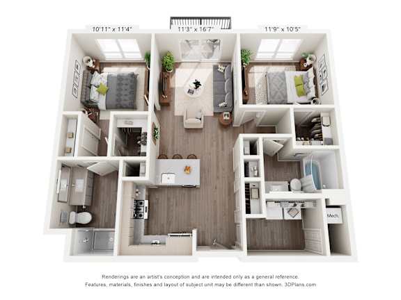 A 3D floor plan of a house with a kitchen, living room, and two bedrooms.