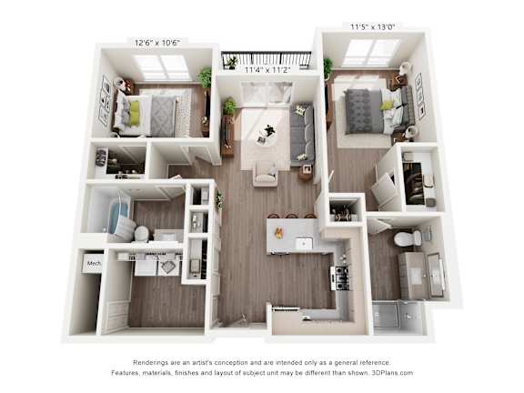 A 3D floor plan of a small apartment with a kitchen, living room, and two bedrooms.