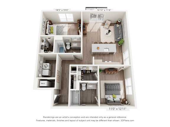 A 3D floor plan of a small apartment with a kitchen, living room, and two bedrooms.