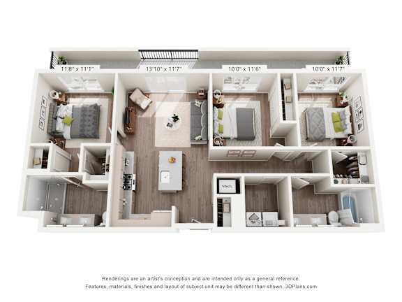 A 3D floor plan of a small apartment with a kitchen, living room, and two bedrooms.