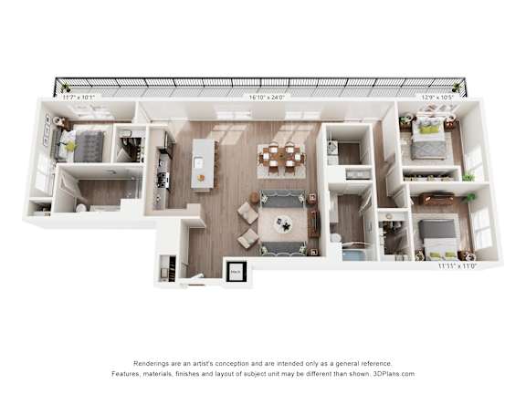 A 3D floor plan of a house with a kitchen, living room, and two bedrooms.