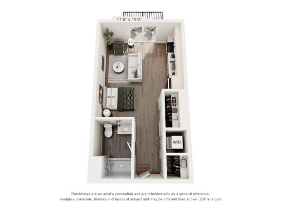 A floor plan of a small apartment with a kitchen, living room, and bathroom.