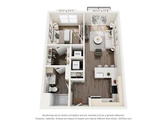 A floor plan of a small apartment with a kitchen, living room, and bathroom.