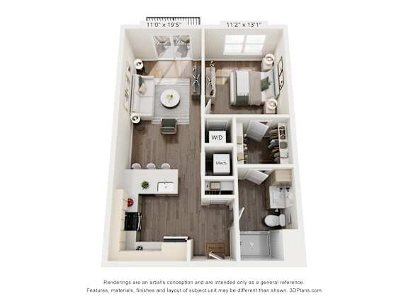 A 3D floor plan of a small apartment with a kitchen, living room, and bathroom.