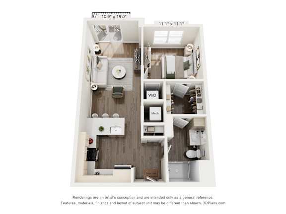 A floor plan of a small apartment with a kitchen, living room, and bathroom.