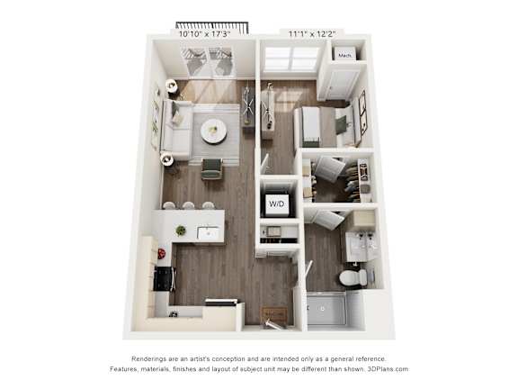 A floor plan of a small apartment with a kitchen, living room, and bathroom.