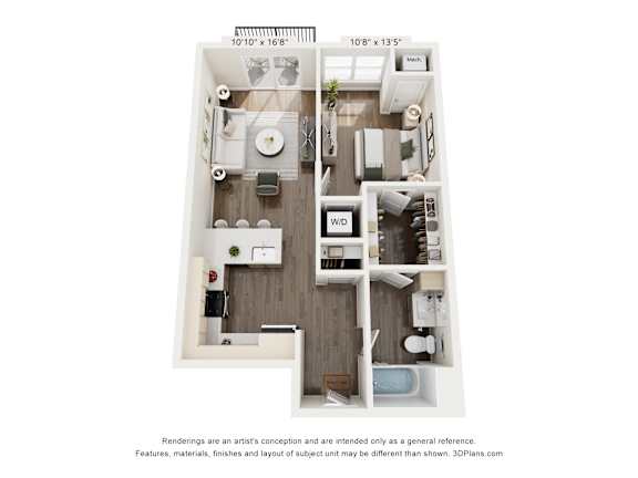 A 3D floor plan of a small apartment with a kitchen, living room, and bathroom.