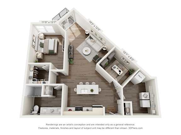 A 3D floor plan of a house with a living room, kitchen, and two bedrooms.