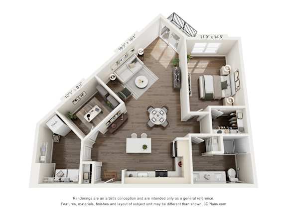 A 3D floor plan of a house with a kitchen, living room, and two bedrooms.