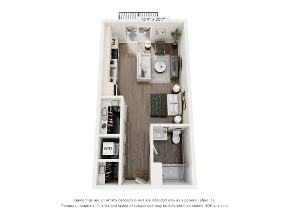 A 3D floor plan of a small apartment with a kitchen, living room, and bathroom.