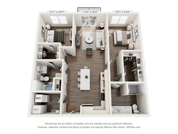A 3D floor plan of a small apartment with a kitchen, living room, and two bedrooms.
