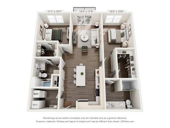 A 3D floor plan of a house with a kitchen, living room, and two bedrooms.